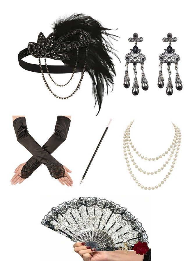 1920s Accessories Flapper Gatsby Costume Women Set 20s Headband Pearl Necklace Gloves Lace Fan Holder, Black - Image 1